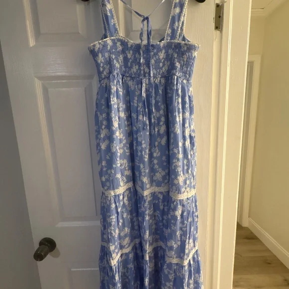 Pink Blush Light Blue Floral Lace Trim Tiered Maternity Maxi Dress - Picture 5 of 5